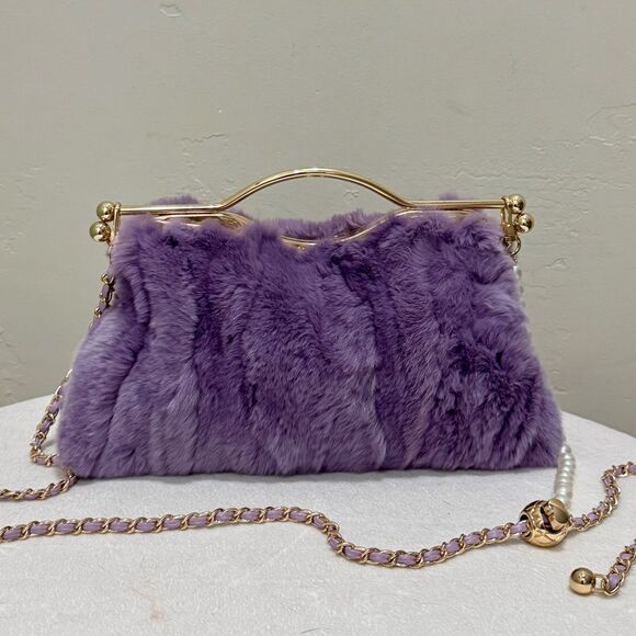 Lilac Handmade Real Rex Rabbit Fur Double Kisslock & Top Handle Purse/Crossbody - Picture 4 of 16
